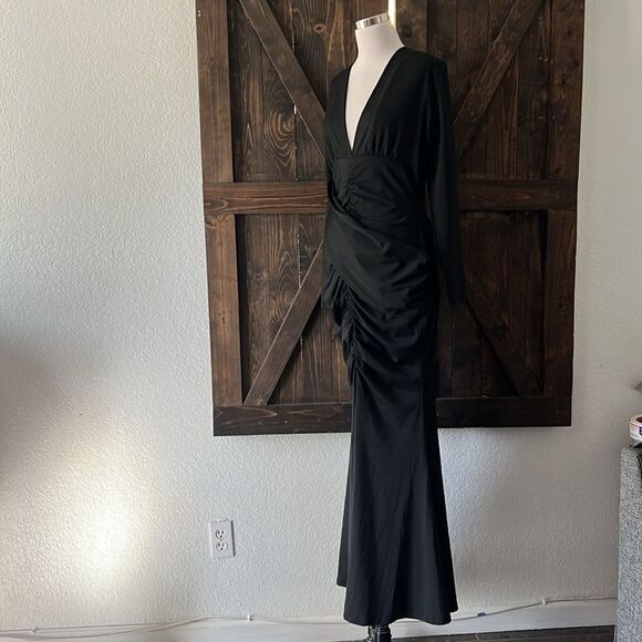 Stylish Long Sleeves V Neck Bodycon Pleated Slit Solid Evening Gown Dress - Picture 7 of 14